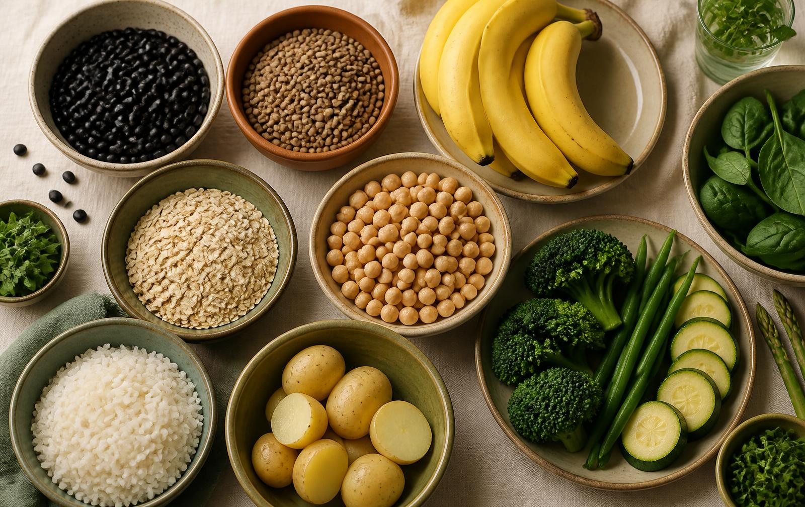 Tigelas de feijão, lentilha, grão-de-bico, aveia, arroz, batata, banana e vegetais